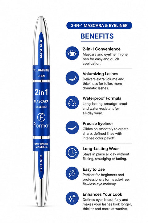 *Flormor 2-in-1 Volumizing Mascara & Waterproof Eyeliner Pen | Long Lasting Eye Makeup Stick*